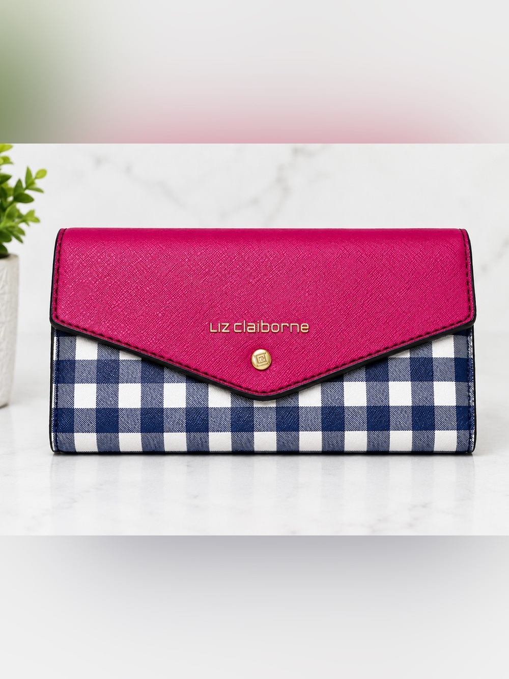 Liz Claiborne Hot Pink and Navy Gingham Envelope Clutch